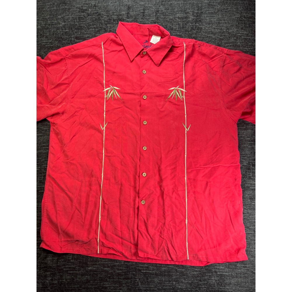Bamboo Cay Button Down Shirt Mens XXL Red Bamboo Embroidered Camp Short Sleeve